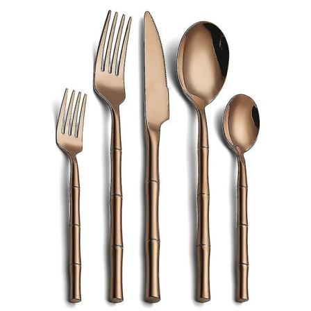 Ruostumattomasta teräksestä valmistetut ruokailuvälineet, luova sylinterimäinen bambukahva, 304 paksut ruokailuvälineet (5-osainen set) Rose Gold