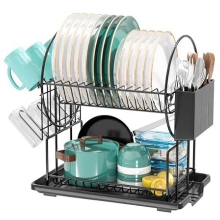 Sort 2-lags opvaskestativ i rustfrit stål med redskabsholder og drypbakke til køkkenet