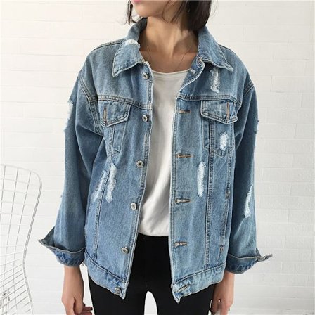 Oversize Denimjacka för kvinnor Ripped Jean Jacket Boyfriend Långärmad Co