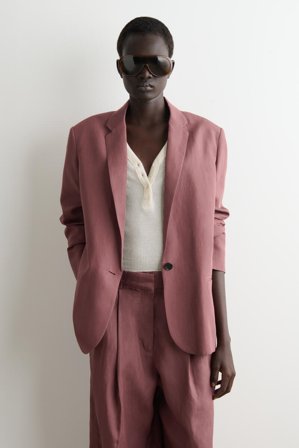 COS Women's Linen-Blend Single-Breasted Blazer in Brown