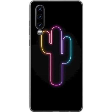 Kompatibel Mobilcover til Huawei Huawei P30 Neon illustration af kaktus i pink og blåt lys mod mørk baggrund