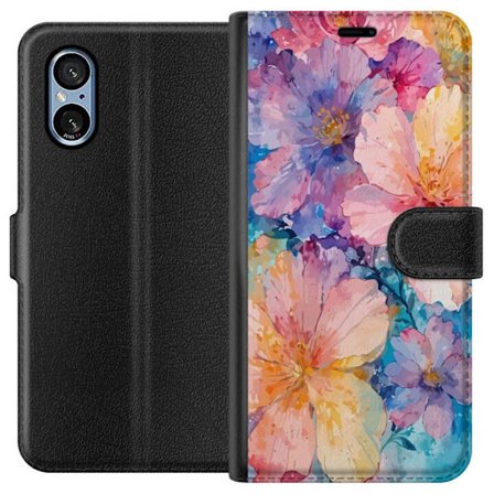 Yhteensopiva Lompakkokotelo Sony Sony Xperia 5 V Vesivärimaalaus suurilla kukilla vaaleanpunaisissa, sinisissä ja keltaisissa sävyissä pehmeässä