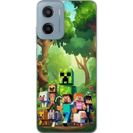 Kompatibelt Mobildeksel til Motorola Moto G05 Blokkete pikselerte spillverden med grønne figurer og dyr i frodig skogsmiljø