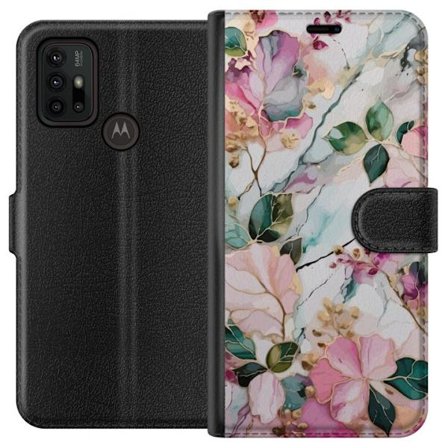 Kompatibel Tegnebogsetui til Motorola Moto G30 Abstrakt marmormønster med blomster, blade og gyldne detaljer i bløde pastelfarver