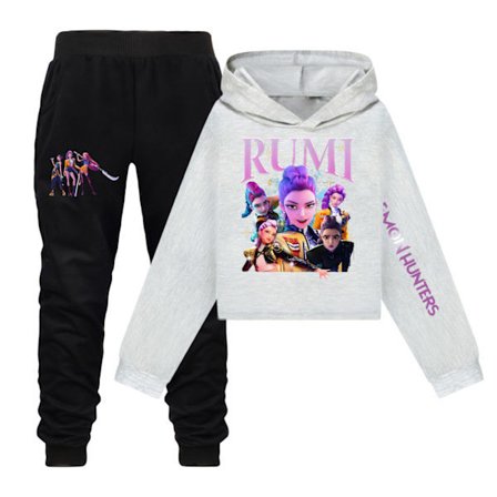 Kpop Demon Hunter Girls Cropped Hættetrøje med Printede Ærmer - Grå [JSR] Sæt X 130cm