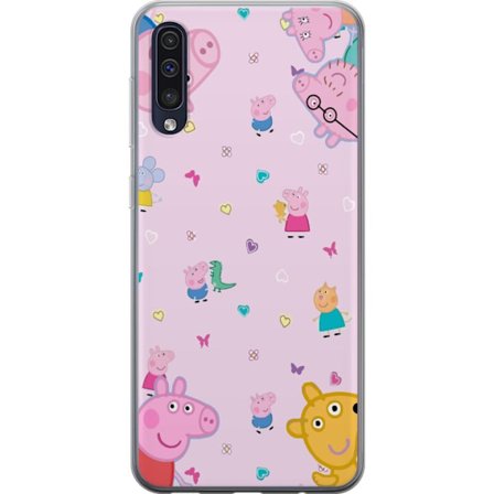 Kompatibelt Mobildeksel til Samsung Galaxy A50 Peppa Gris med en baby i armene, mamma gris motiv i fargerik og myk barneillustrasjon med hjerter