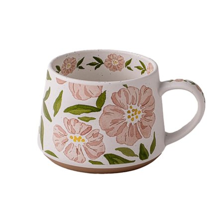 Stor keramisk kaffe latte-krus, søtt krus for kvinner, håndmalt blomstermønstret keramisk kopp (rosa blomster)