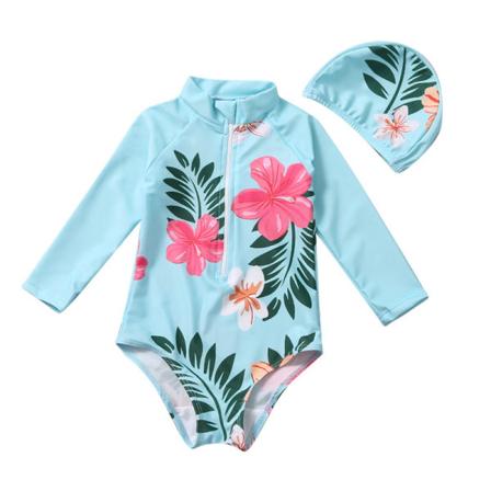 Sommarflicka Pion Blommig Baddräkt med Hatt (Blå för 85 - 95cm)