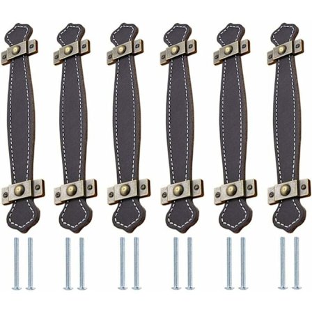 Nahkakahva, 6 kpl nahkakahvoja huonekaluihin, nahkainen ovenkahva, nahkaiset laatikonkahvat, kaapin kahva keittiön kaappiin ja oveen, musta