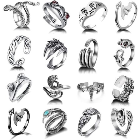 12 st silverpläterade grodringar, söta djur öppna ringar paket, vintage goth matchande ringar