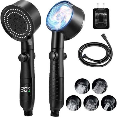 Højtryks Brusehoved med 5 Justerbare Indstillinger, Vandbesparende Anti-Kalk Massage Brusehoved med Stopfunktion, Kompatibelt med De Fleste 