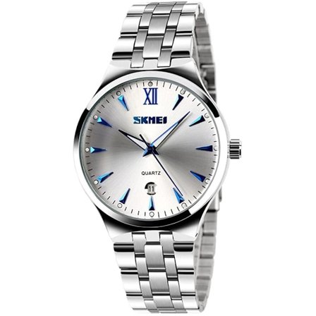 Klassisk herreur i rustfrit stål, simpelt design med kalender, sølvfarvet ur (blå)