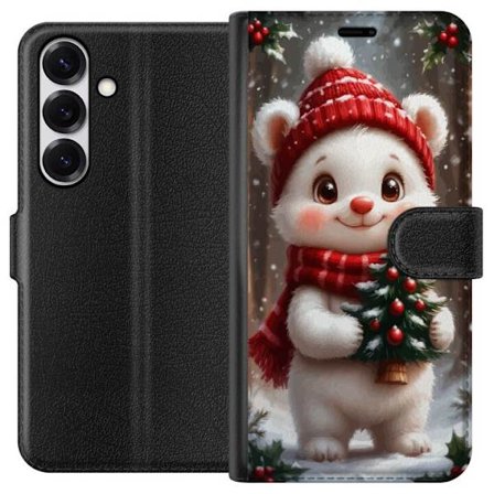 Samsung Galaxy S25 Lommeboketui søt julebjørn med lite tre og rød lue