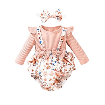 Nyfödd Rosett Blommig Print Jumpsuit Set Volanger Två Delar Kostymer
