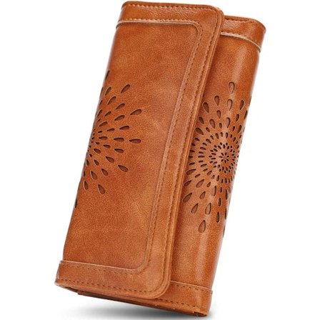 Damplånbok RFID-skyddande läderplånbok korthållare trefaldig plånbok clutch utskuren solrosdesign