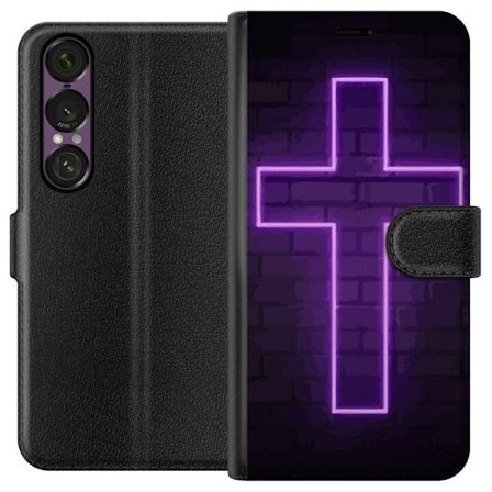 Yhteensopiva Lompakkokotelo Sony Sony Xperia 1 VII Neonristi purppuranvalossa tummaa tiiliseinää vasten, symbolinen motiivi vahvalla hohto moderni e