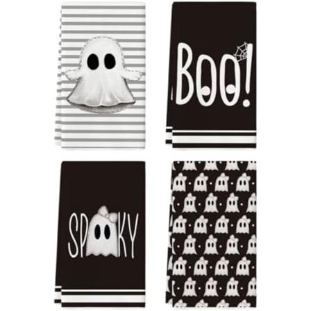 Mustat raidat aave Boo pelottavat Halloween keitti pyyhkeet astiapyyhkeet, 18x26 tuuman jousi solmu koriste k sipyyhkeet 4 kpl