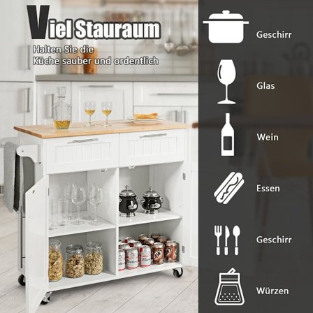 Köksvagn rullande serveringsvagn med lådor och skåp 94 x 45,5 x 94,5 cm vit