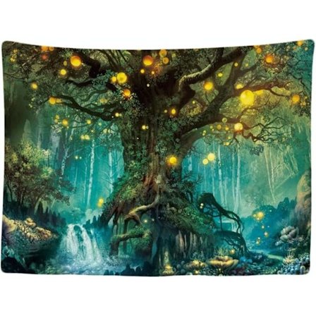 Fairy Elf Tree Magic Nature Veggteppe - 200x150 cm Stort Veggdekor - Stoff Panoramisk Veggoppheng for Soverom