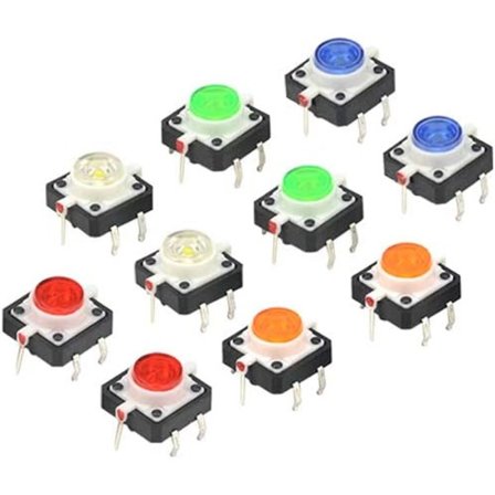 10 stk LED-trykknapper med taktil tilbakemelding, 12 mm x 12 mm x 7,3 mm, rød, hvit, gul, blå, grønn