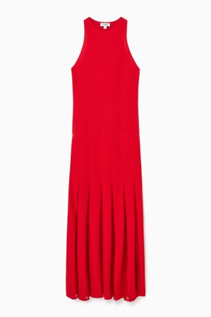 COS Women's Pleated Racer Neck Maxi Dress in Red