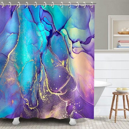 Lilla Marmor Bruseforhæng - 183x183 cm Badeværelsessæt med 12 Kroge (Pink/Guld)