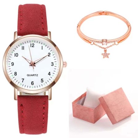 Klassisk dameur med kvartsurværk, selvlysende urskive, frostet læderrem, retro lille rundt dameur med armbånd og æske