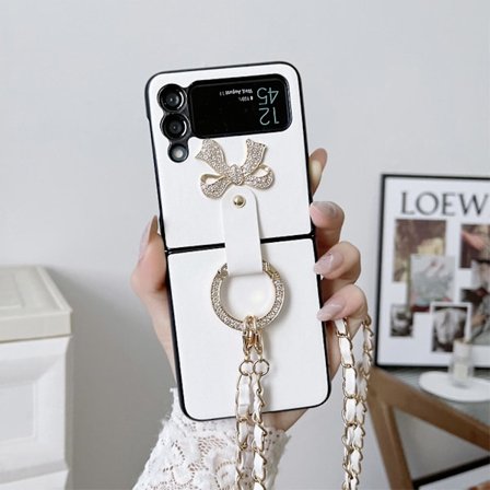 Pu Nahkainen Kotelo Yhteensopiva Samsung Galaxy Z Flip 3/4:n Kanssa, Ristiriipus Suojakuori Renkaalla Galaxy Z Flip 3 Valkoinen