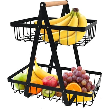 2-lags metalfrugtkurv, aftagelig holder, sort, moderne frugtstand til grøntsager og snacks