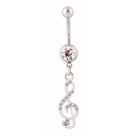 Navelpiercing G-klav Vit Rhinestone Kirurgiskt stål Silver Färg