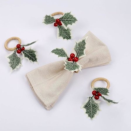 Julekugle Servietringe Sæt med 6, Bondegårds Holly Berry Servietringholdere, Håndlavede Rustikke Servietholdere til Jul, Thanksgiving