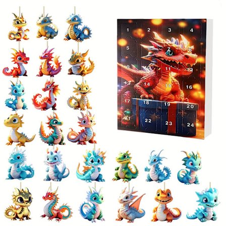24 stk Tegneserie Drager Jule Nedtelling Kalender - Mini Akryl Henger for Tredekor, Perfekt Overraskelsesgave Sett for Familie & Venner
