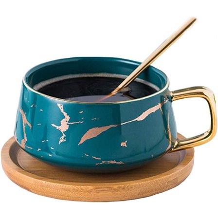 Porcelæns te-kop & underkop sæt til afternoon tea - Marmormønster (Sort, Kort 300ml + Træunderkop)