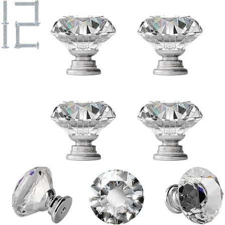 12 st kristallådor knoppar, vintage dörrknoppar, skåpknoppdrar för byrå, skåp, skåpdörr, 1-3/16'' diamantformad silverbas.