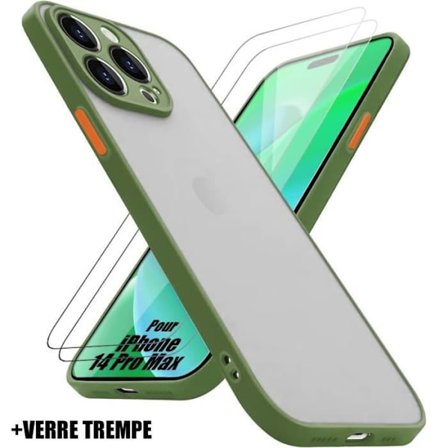 Skyddshölje - BOOLING - för iPhone 14 Pro Max - Ultra Slim - Kaki - Stötabsorberande - 2 Härdade Glas