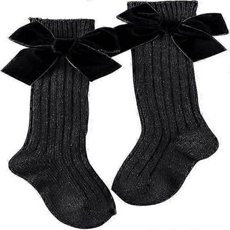 Åndbare lange sorte sokker til baby piger med sløjfe - Bløde kæmmede bomulds vintersokker til varme