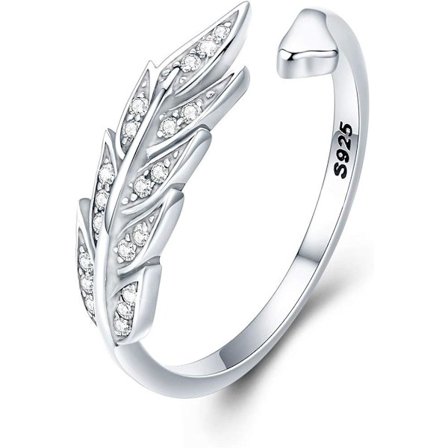 925 Sterling Silver Justerbar Ring Fjädervingar Ring för Flickor Fjäderring för Kvinnor Öppen Finger Ring Present med Smyckeskrin