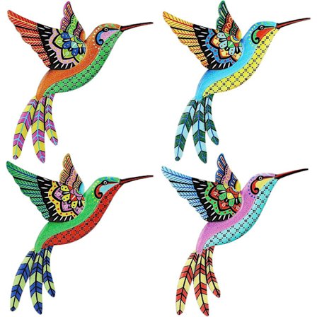 Metallväggdekoration, 4 stycken färgglada kolibri järnskulptur metall kolibri väggdekoration metall hängande skulpturer fåglar väggkonst