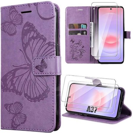 Cover til Samsung Galaxy A37 5G, Anti-Ridse Læder Effekt Lilla Sommerfugl Mønster - 2 Tempered Glass