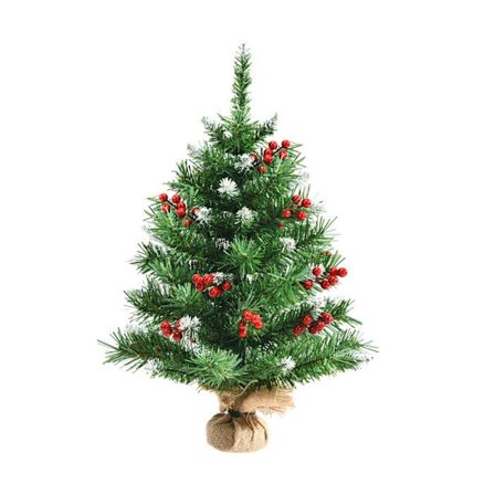 COSTWAY Miniatyrjulgran 60 cm med 76 PVC-grenar, röda bärklasar, betongbas täckt med jute.