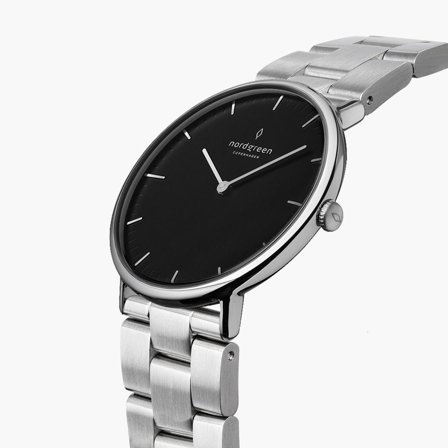 Nordgreen Men's Minimalist Designer Watch - Silver Case - Black Dial - 3 Linked Metal Watch Strap Native White Dial
