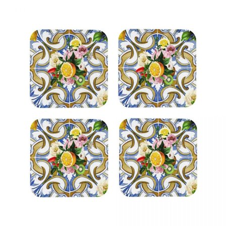 Sicilian Tiles,Mediterranean,Mosaic,Lemons Coasters Coffee Mats Leather Placemats Mug Tableware Decoration & Accessories Pads