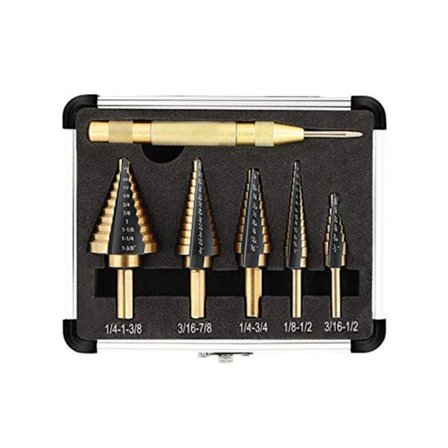 (B)Trinnbor, 5 stk (5-13 mm, 3-13 mm, 6-19 mm, 5-22 mm, 6-35 mm), 1 automatisk senterpunch + 1 vribor, Hss Tita