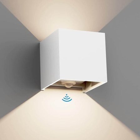 LED Kubvegglampe med bevegelsessensor, IP65 Vanntett, 12W Varmhvit, Vegglampe for Innendørs/Utendørs_OF