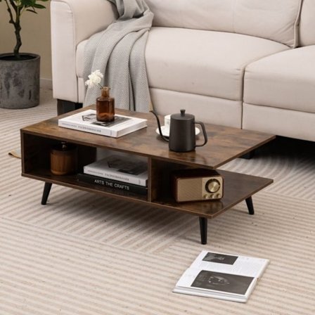 COSTWAY Låg Bordsduk i 2 Nivåer med Öppen Hylla, Modern Rektangulär Lådbord med Metallben, Rustik Brun