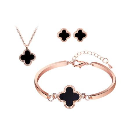3 stk. Rose Gold Firkløver Halskæde Sæt Bacelets Øreringe Halskæde Smykker Enkelt Dobbeltsidet Vedhæng til Kvinder Pige Teen Gave