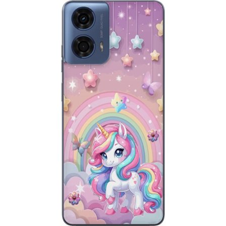 Kompatibel Mobilcover til Motorola Moto G04 Magisk enhjørning med regnbue manke, stjerner og sommerfugle mod en pastelfarvet himmel med skyer