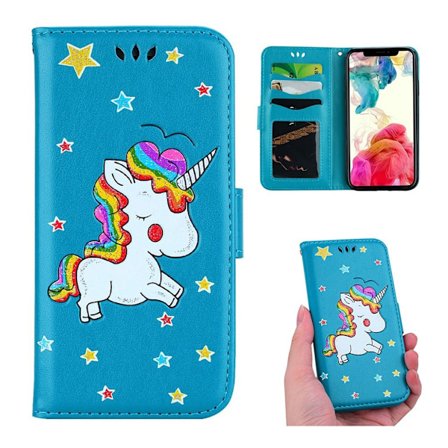 iPhone Xs Max flash powder Enhjørning mønster læder flip cover - Blå