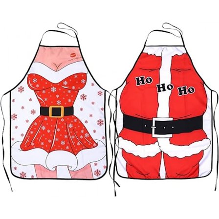 Jule-rødt forkle (pakke med 2), Santa anime kokk Kjøkkenforkle Humor for Grillfest kvinner og menn Julefest