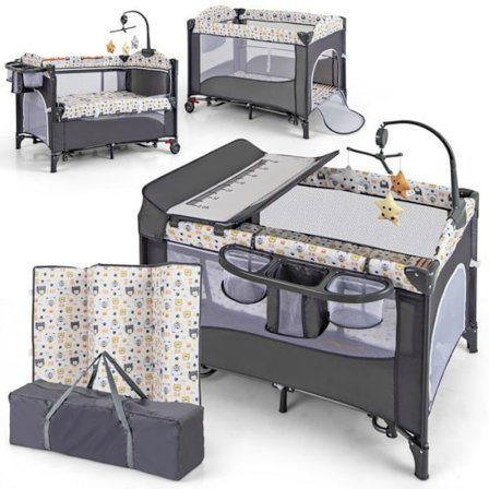 COSTWAY Evolving spjälsäng med 5-i-1 madrass, skötbord, 4 justerbara höjder, speldosa och hängande leksaker grå
